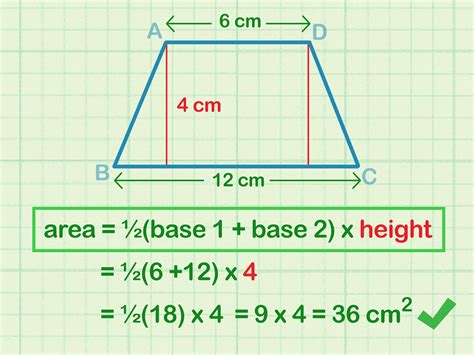 How to find the area of a trapezoid - Setting x= -2, y= 2, gives the equation 2= a(-2)+ b. Setting x= 4, y= 5, gives 5= a(4)+ b. Subtracting the first equation from the second, (4a ...